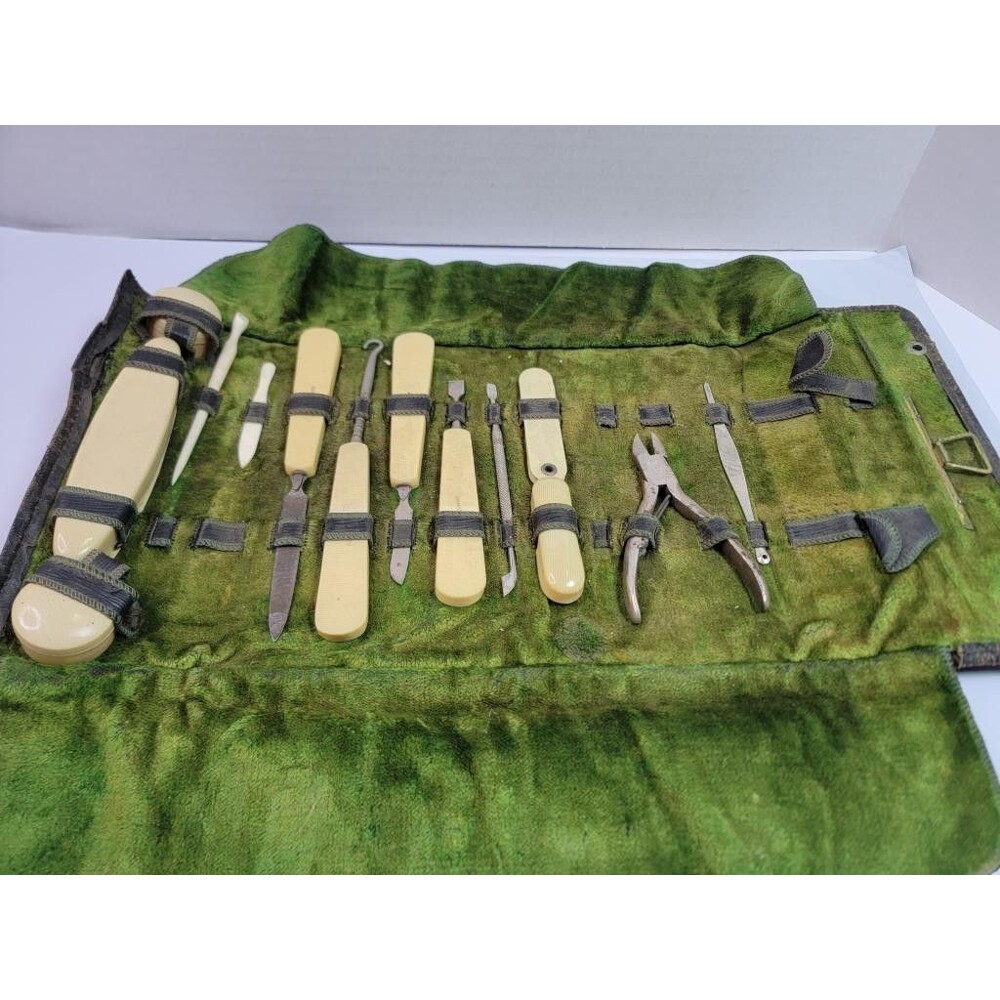 Antique Celluloid Manicure Set Vintage Grooming Vanity Kit Green Velvet Roll